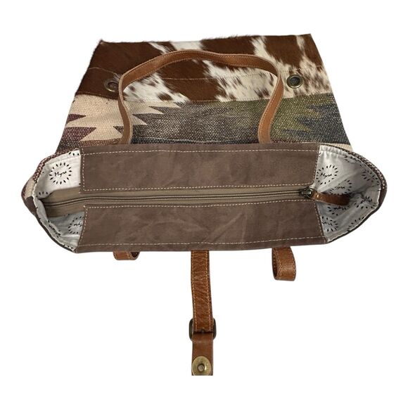 Myra Canvas & Cowhide Leather Tote Southwest Aztec Double Shoulder Strap Western - Picture 14 of 16